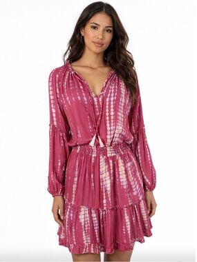 NATALIE MARTIN Magenta Tie-Dye Long Sleeve Tiered Mini Dress Size S